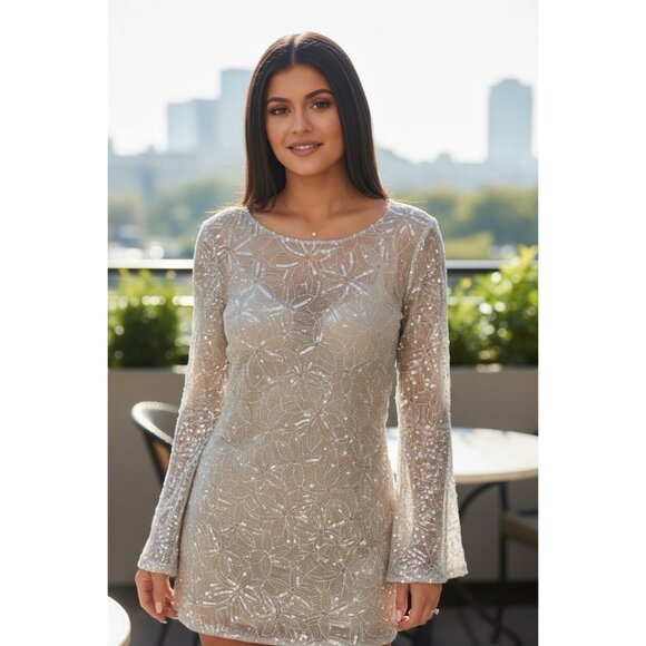 Sau Lee Odessa Beaded Mini Dress Long Sleeve Sequin Bridal Party Size 6 Nude - Picture 5 of 11